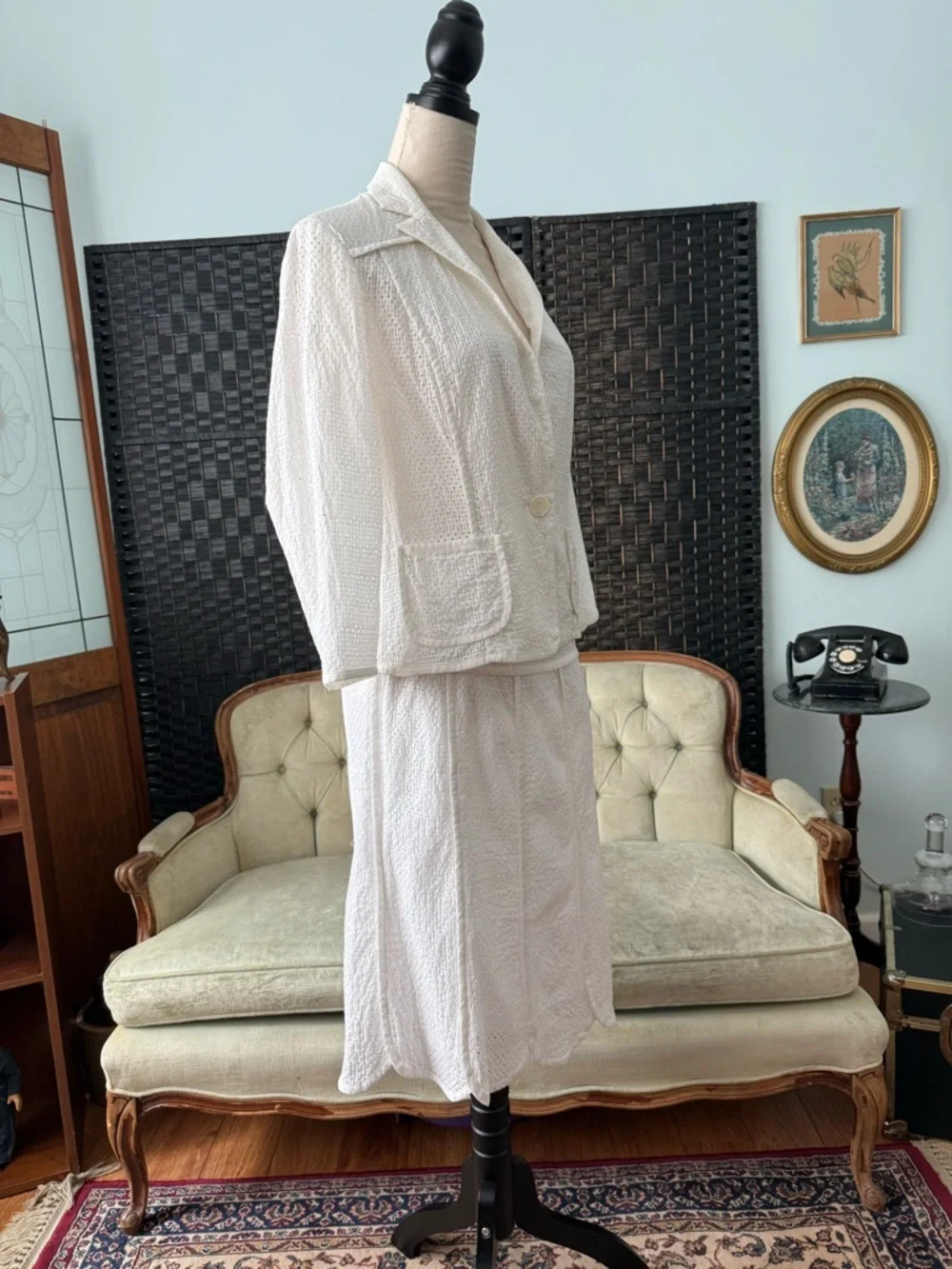 🤍 Vintage Nine West Ivory Eyelet 2PC Set Blazer & Skirt Cottage Chic - Picture 3 of 15